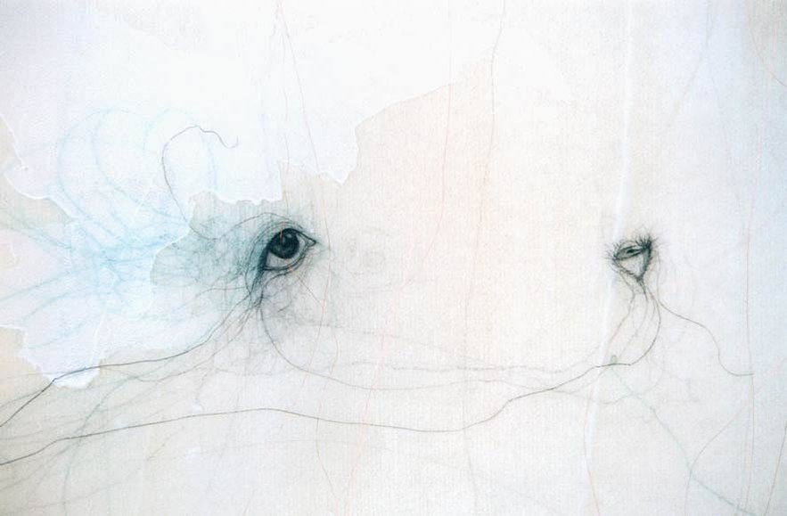 Tres, detail, 48" x 54", acrylic, graphite, copper wire, copper pencil on canvas