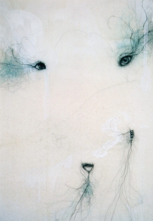 Tres, detail, 48" x 54", acrylic, graphite, copper wire, copper pencil on canvas