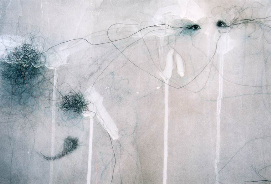 Galerna, detail, 2000, 49.5" x 48" acrylic, graphite, copper wire, copper pencil on canvas