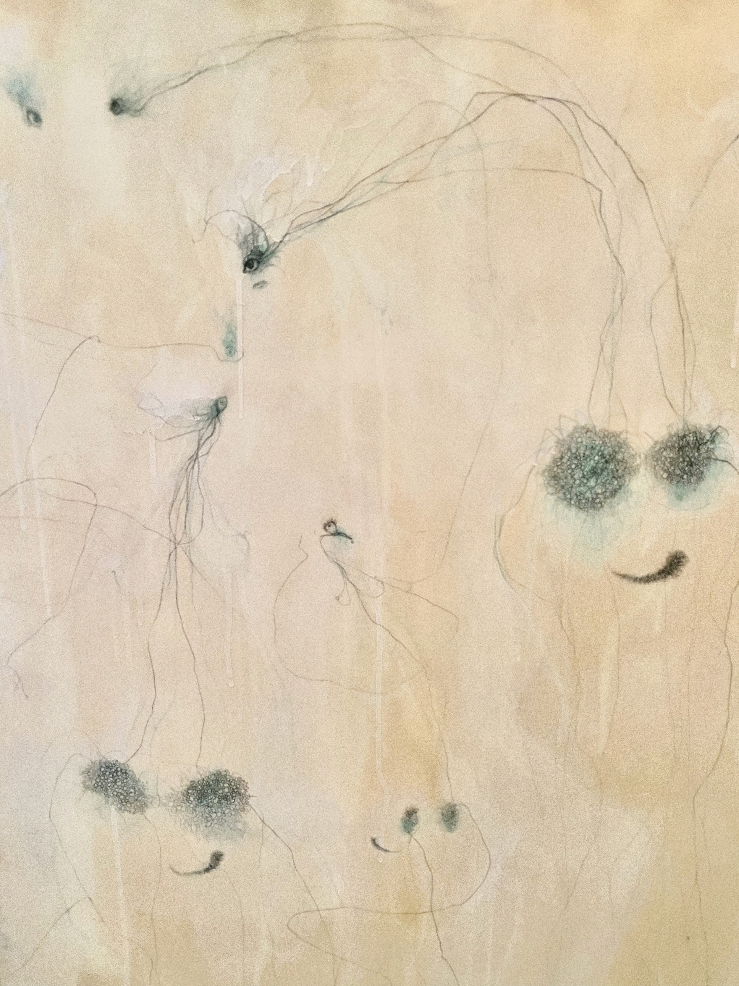 Claror, detail, 2000, 48" x 49.5" Acrylic, charcoal, graphite, copper wire, copper pencil on canvas