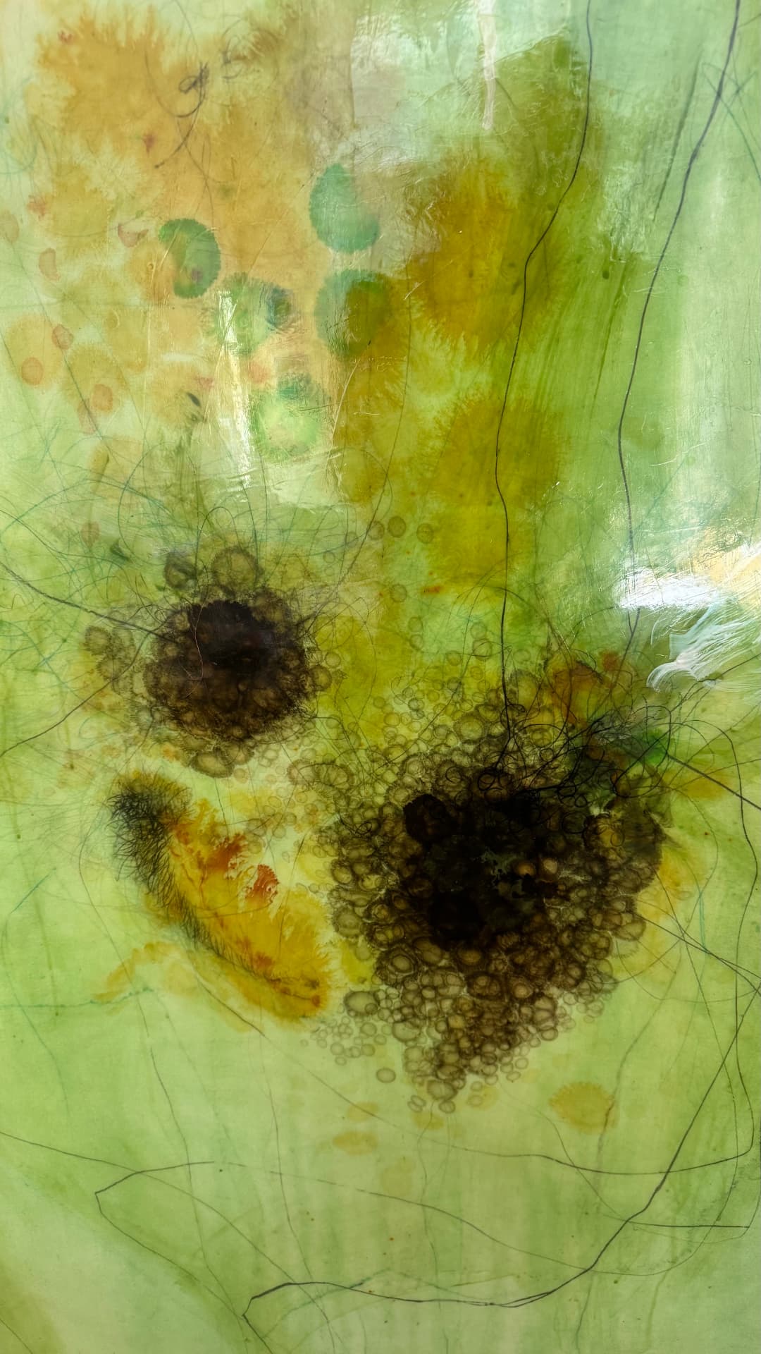 Musgos, detail, 80" h x 68" w, ink, acrylic, copper pencil, charcoal, aluminum string, and graphite on fabric