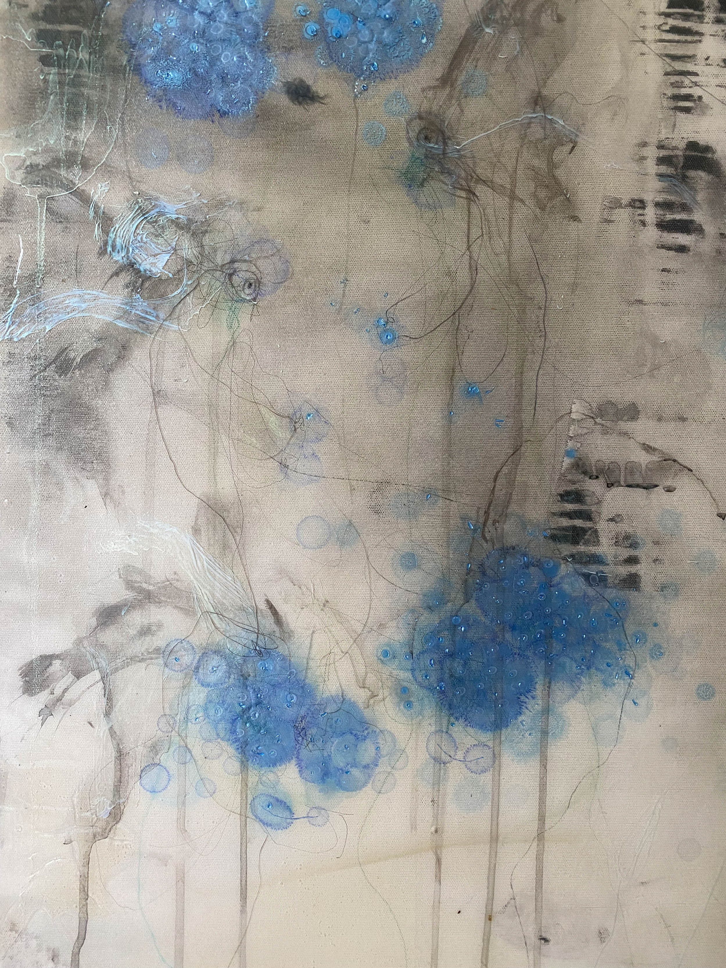 Pensamiento en Cobalto, detail, 2000, 59" h x 66" w, ink, acrylic, copper pencil, charcoal, aluminum string, and graphite on canvas