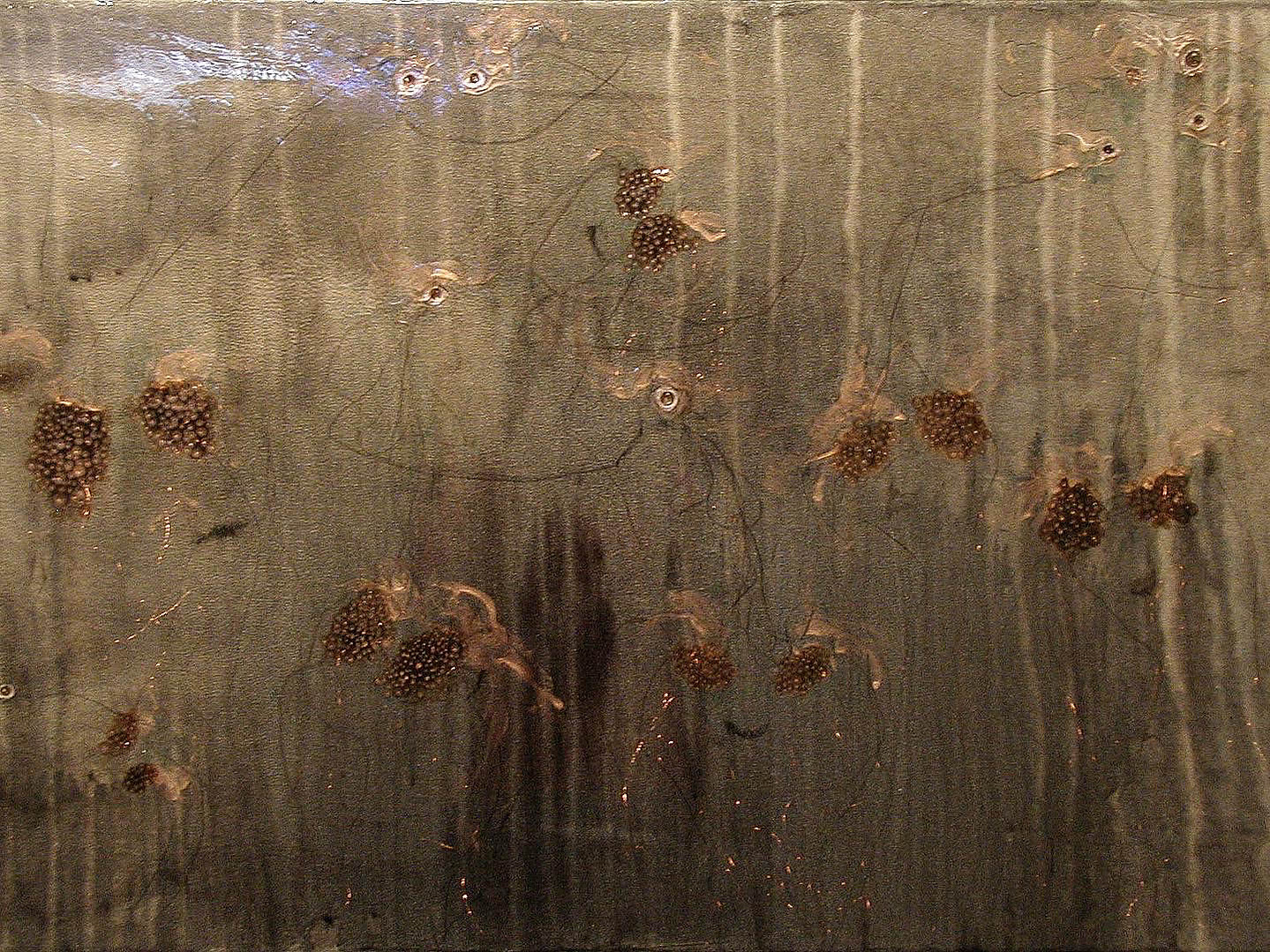 Serie Gris y Cobre # 2, 2001, 24" x48" acrylic, ink, graphite, crayon, copper wire on canvas