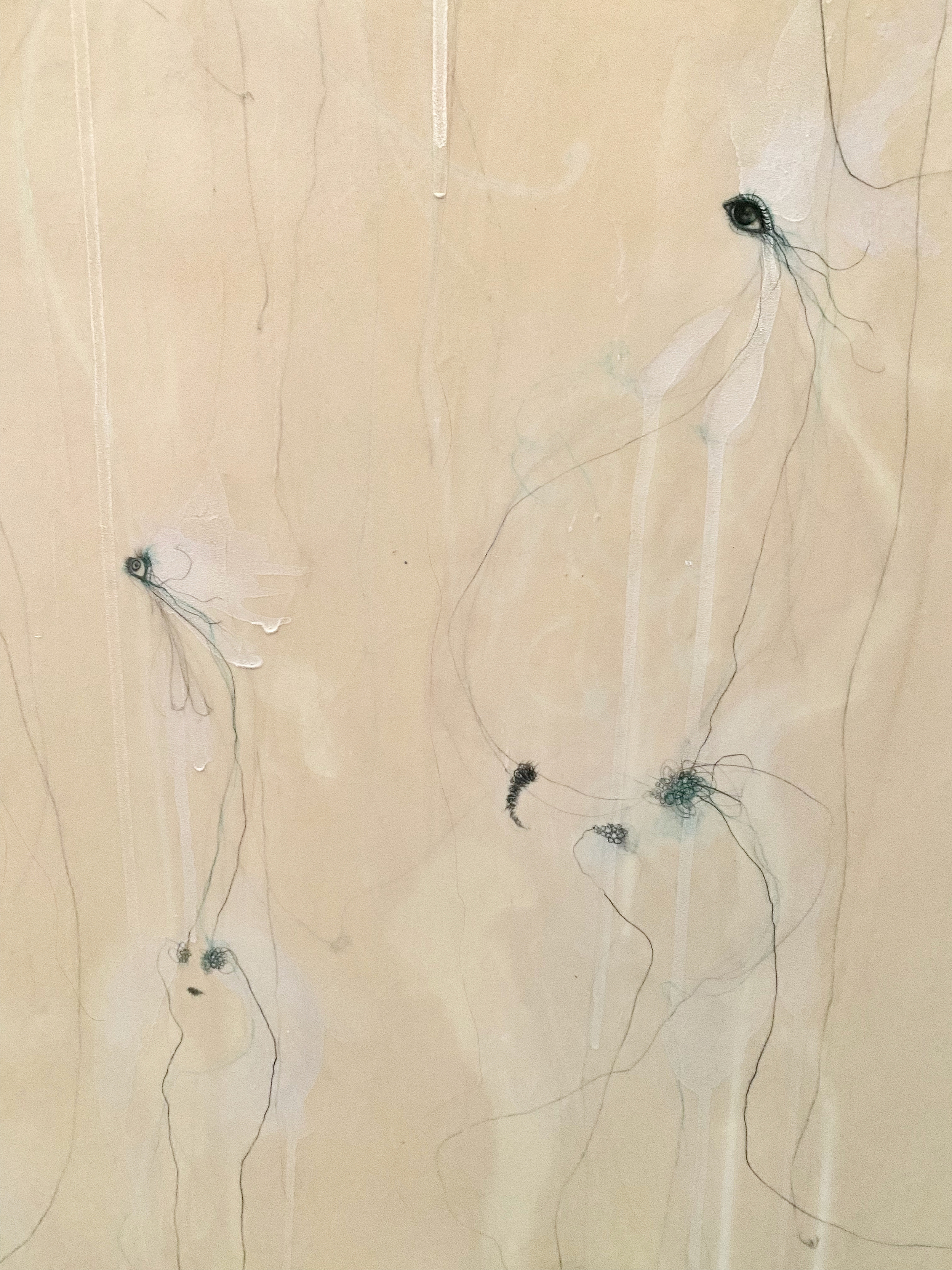 Claror, detail, 2000, 48" x 49.5" Acrylic, charcoal, graphite, copper wire, copper pencil on canvas