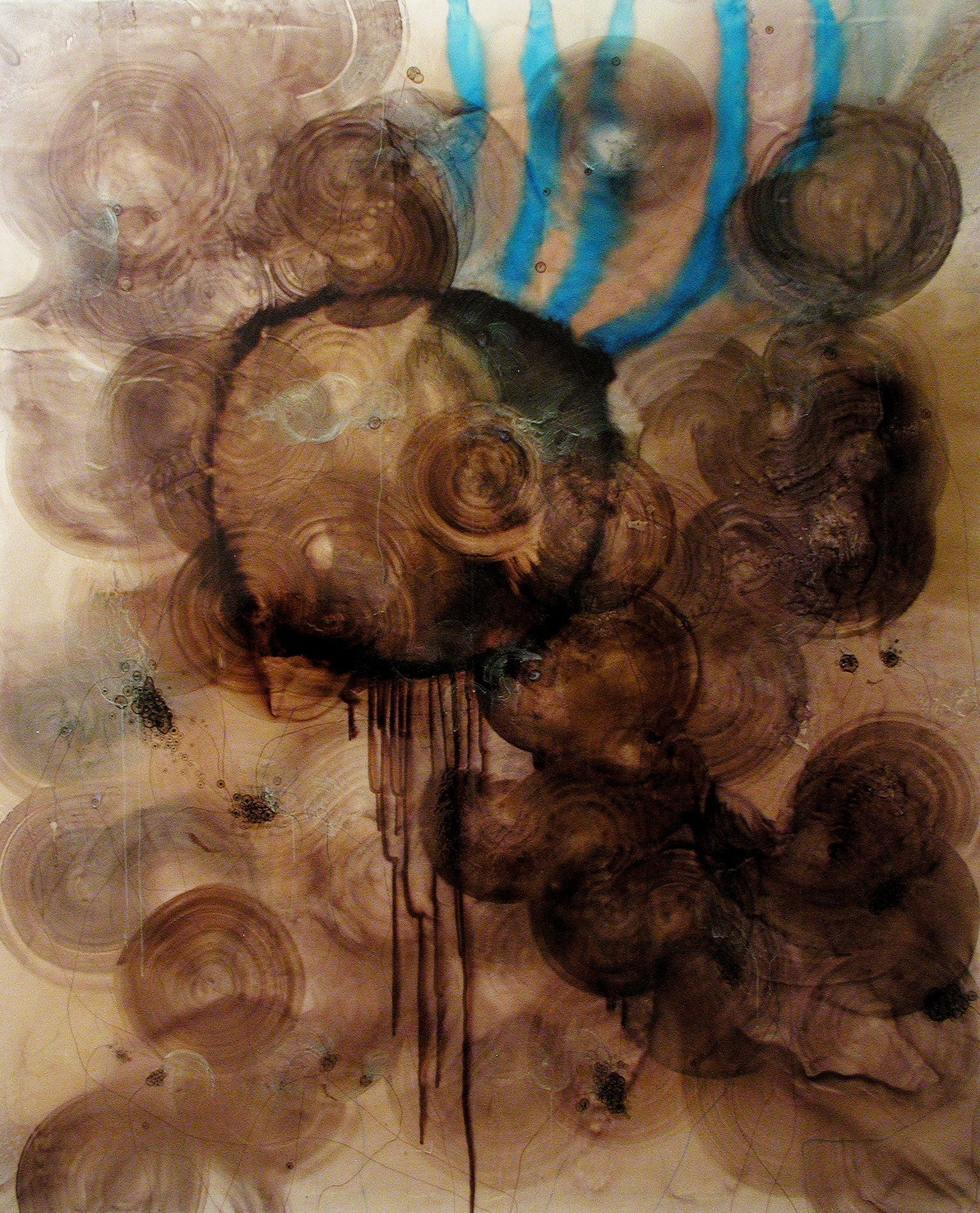 Rayos en Cerúleo, 84" x 72", 2002, watercolor, acrylic, ink, crayon, pencil on canvas