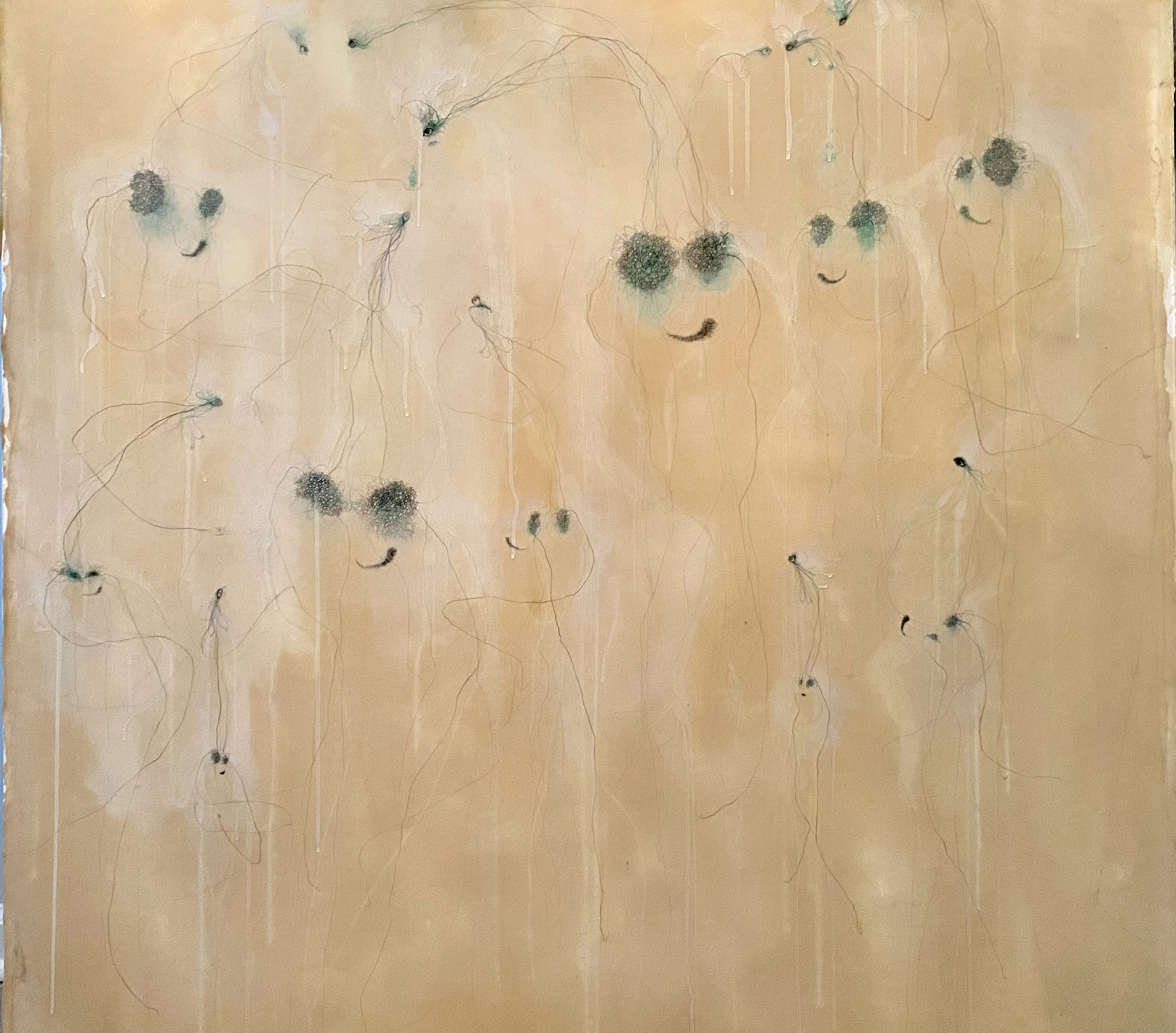 Claror, 2000, 48" x 49.5" Acrylic, charcoal, graphite, copper wire, copper pencil on canvas