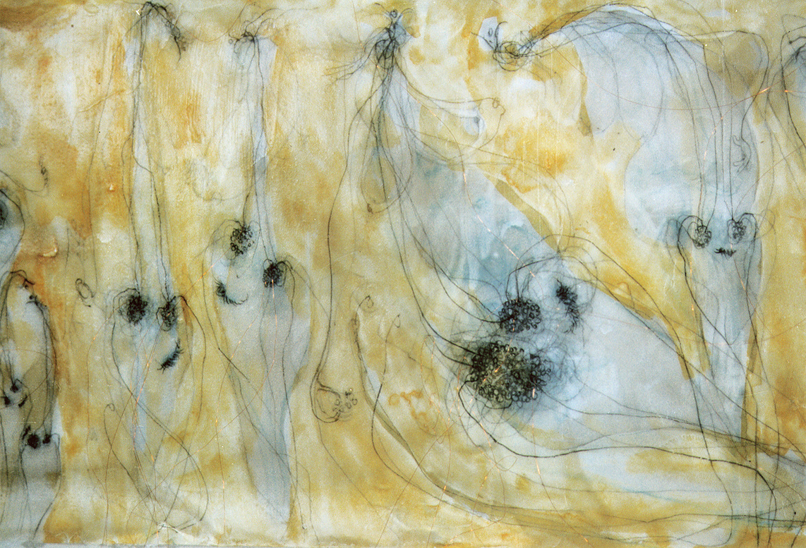 Danza de fertilidad, detail, 7.5" x 24" (approximately) 1995, Acrylic, crayon, charcoal, graphite, copper thread is sewn on vellum
