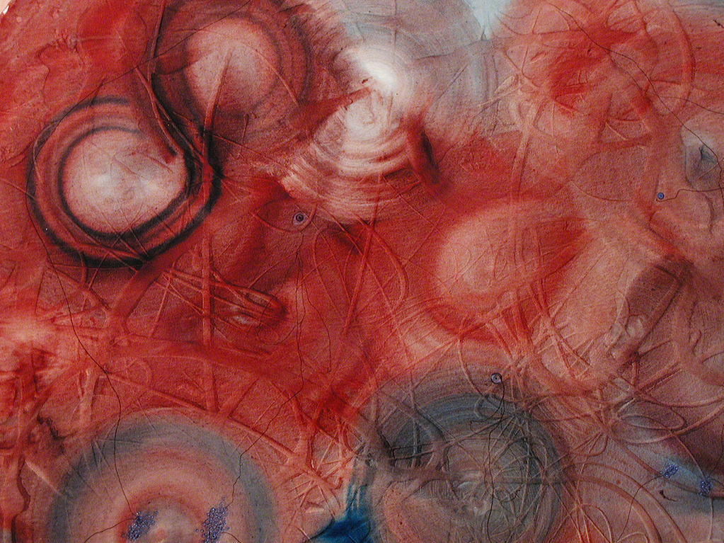 Protoplasma I, detail, 48" Diam. 2002, watercolor, acrylic, ink, crayon, pencil on canvas