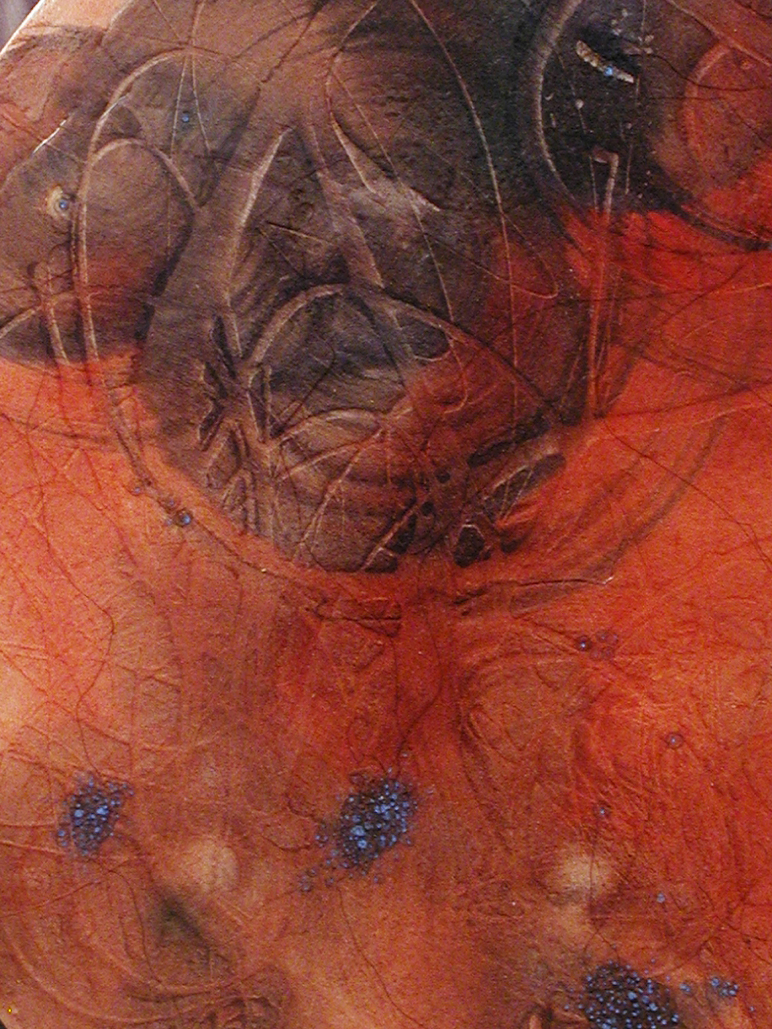 Carnación II, detail — Carnación II, Homenaje a Besitos, detail, 30" Diam. 2002, watercolor, acrylic, ink, crayon, pencil on canvas