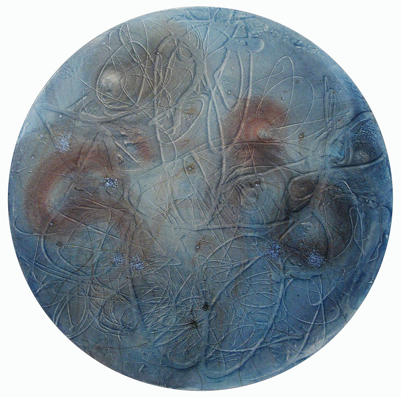 Series: Granito, azul 36" d., 2002, watercolor, acrylic, ink, crayon, pencil on canvas