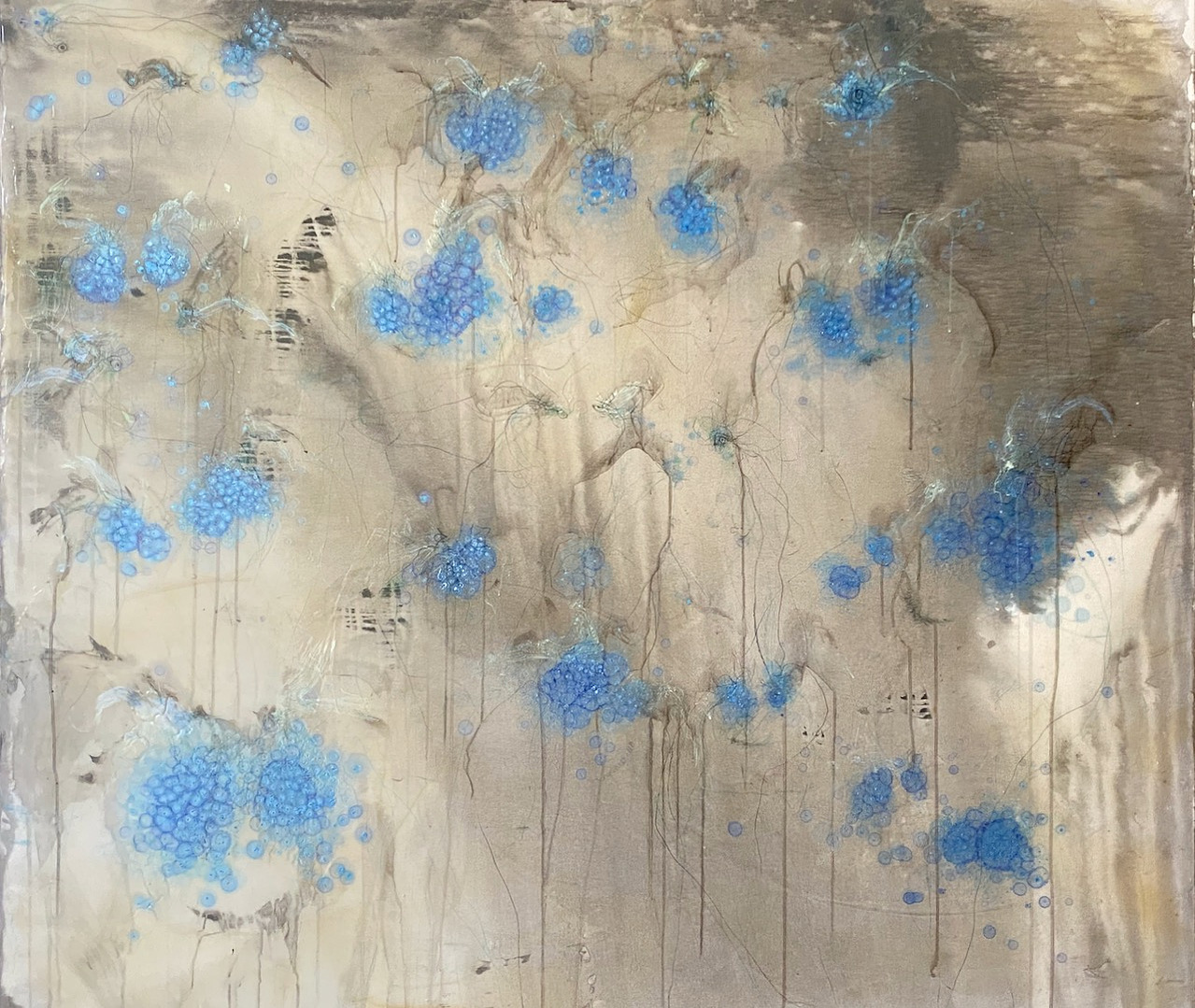 Pensamiento en Cobalto, 2000, 59" h x 66" w, ink, acrylic, copper pencil, charcoal, aluminum string, and graphite on canvas