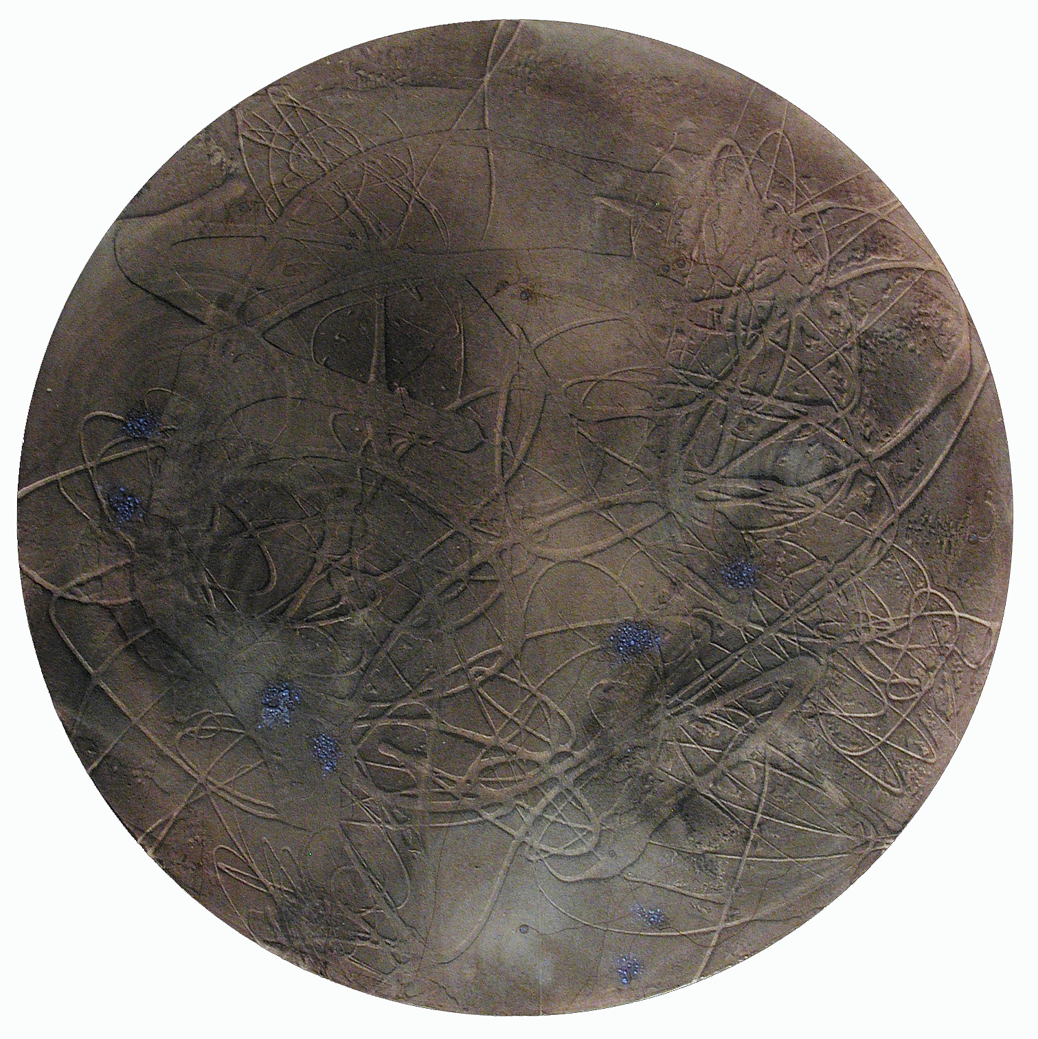 Series: Granito, gris 36" d., 2002, watercolor, acrylic, ink, crayon, pencil on canvas