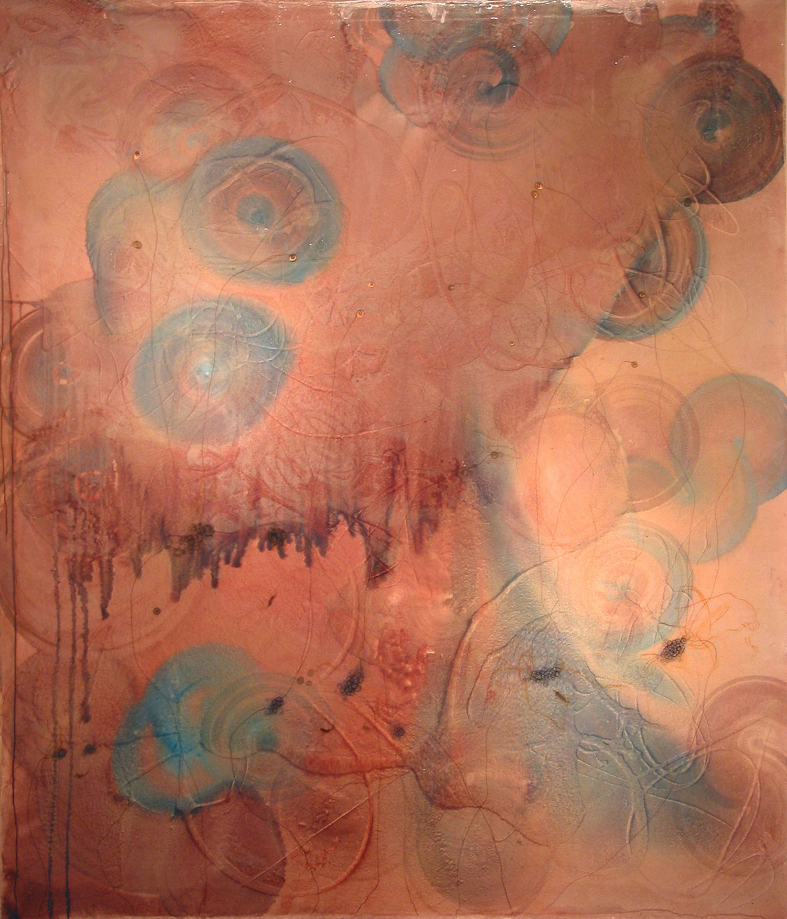 Corales y Orbes 84" x 72", 2002, watercolor, acrylic, ink, crayon, pencil on canvas